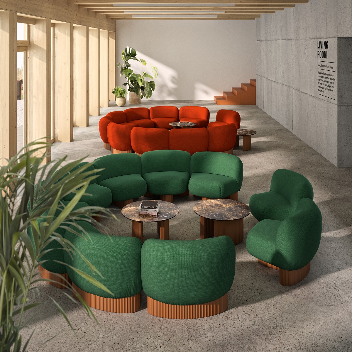 Bolete Lounge BIO modulares Sofa von Andreu World in Grün und Orange.