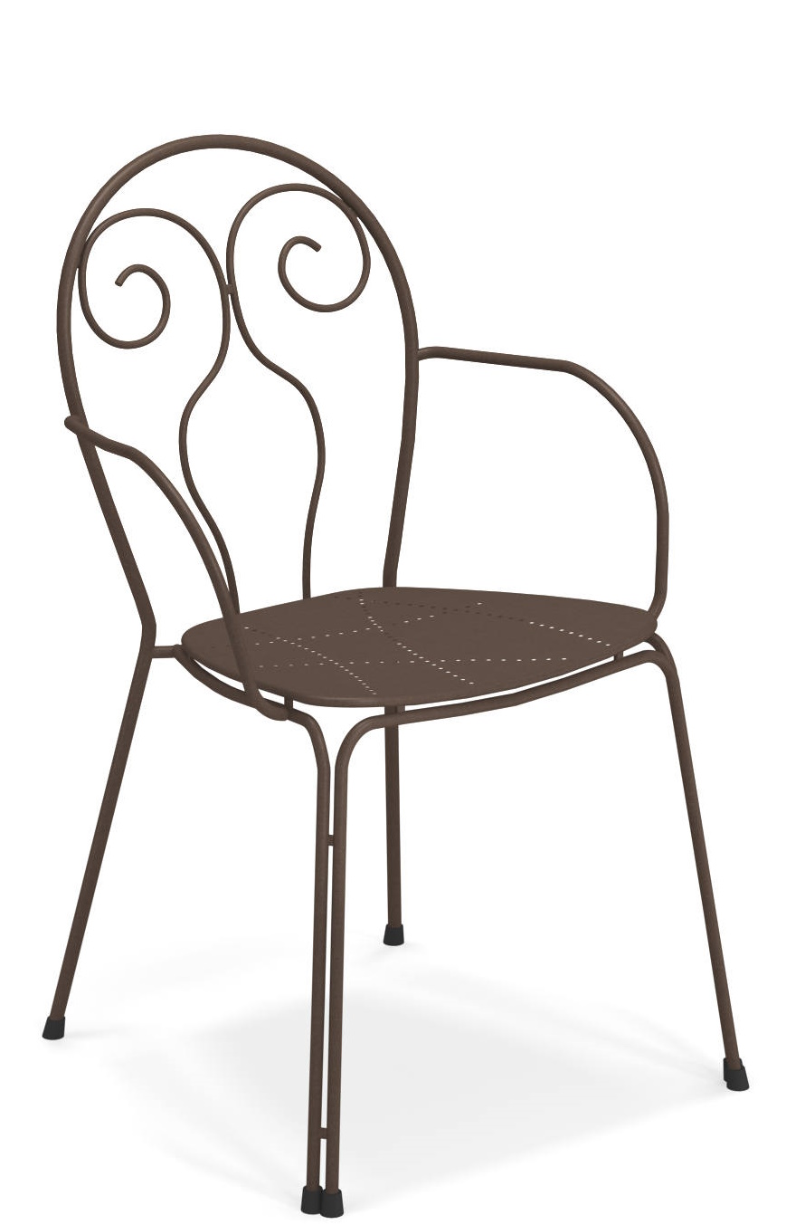 Caprera Stuhl von Emu für den Außenbereich, brauner Metallstuhl mit Armlehnen und filigranem Design.