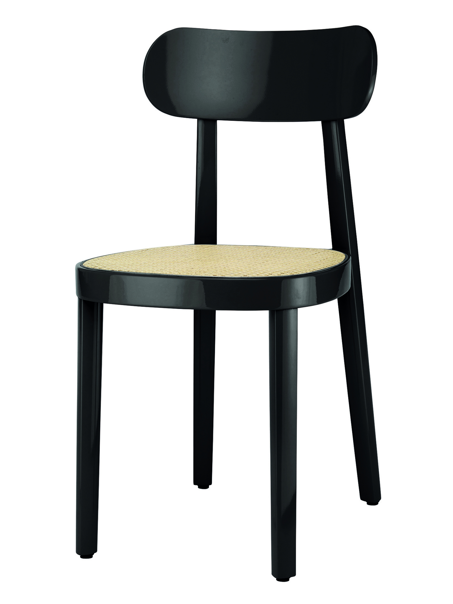 Schwarzer Holzstuhl 118 von Thonet mit Wiener Geflecht Sitzfläche, Hochglanzlackierung. Designklassiker für Esszimmer und Wohnbereich.