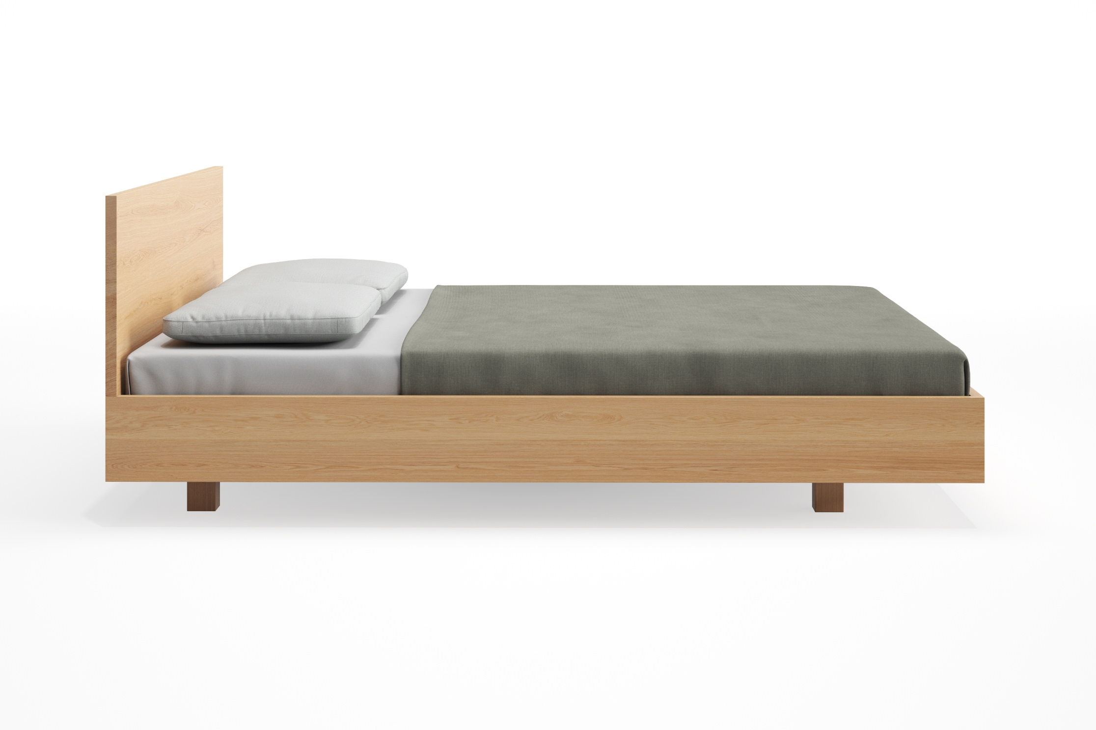 Simple HI Holzbett: Modernes Bettgestell aus hellem Holz mit Kissen und Decke.