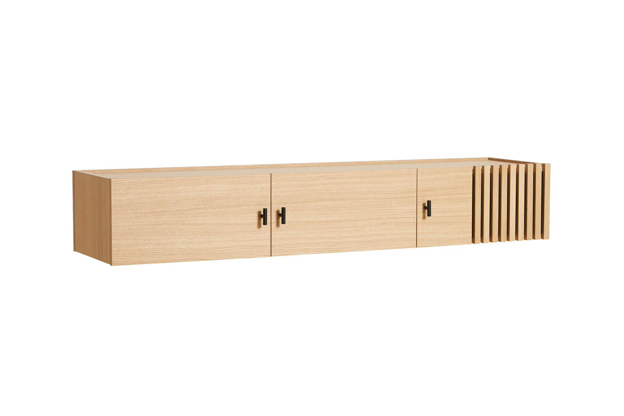 Woud Array Sideboard, wandmontiert, aus hellem Holz mit drei Türen und Latten-Design.