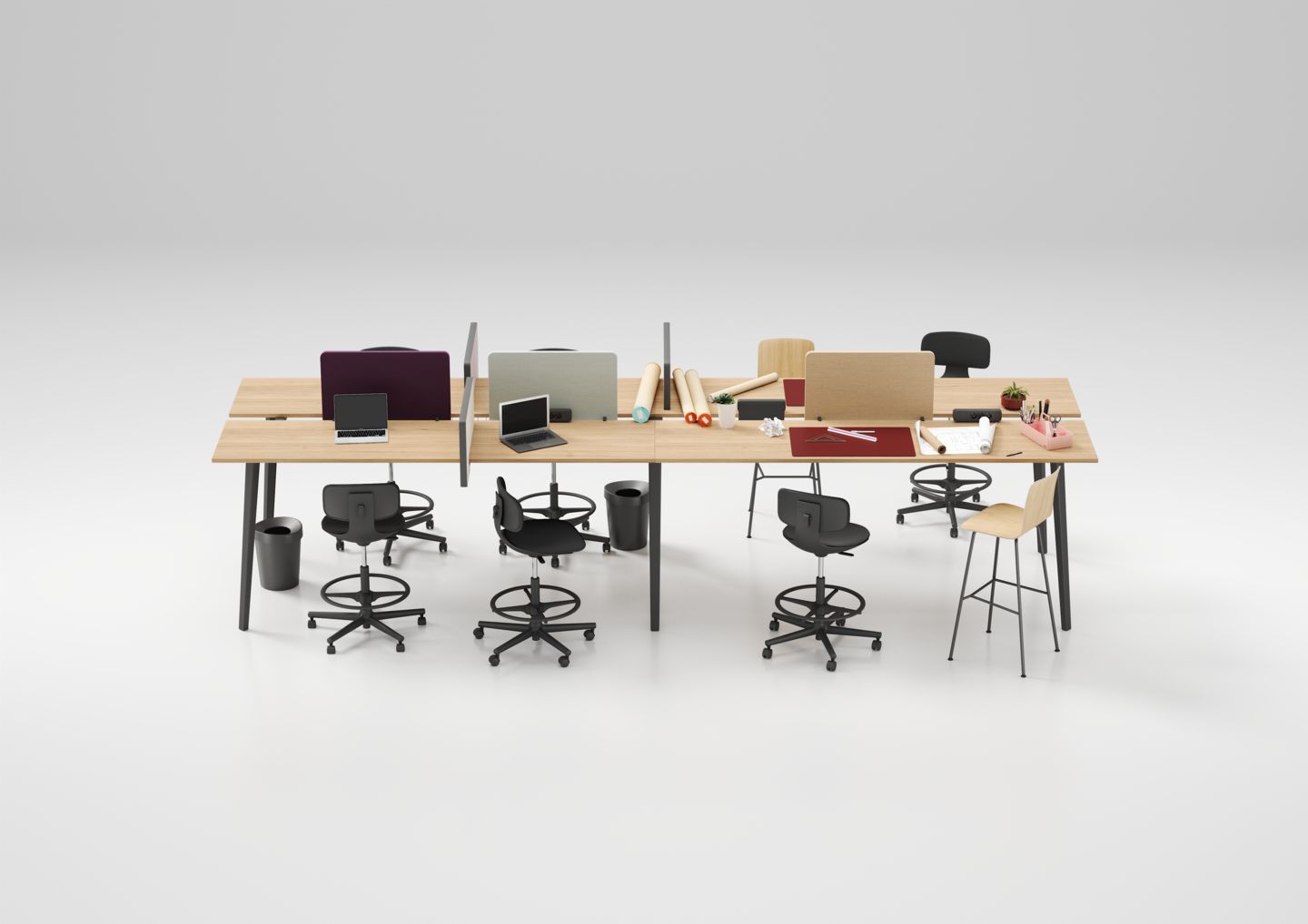 Büroarbeitsplätze mit Vitra Rookie High Bürodrehstühlen in Schwarz und hellem Holz, ergonomisch und modern.