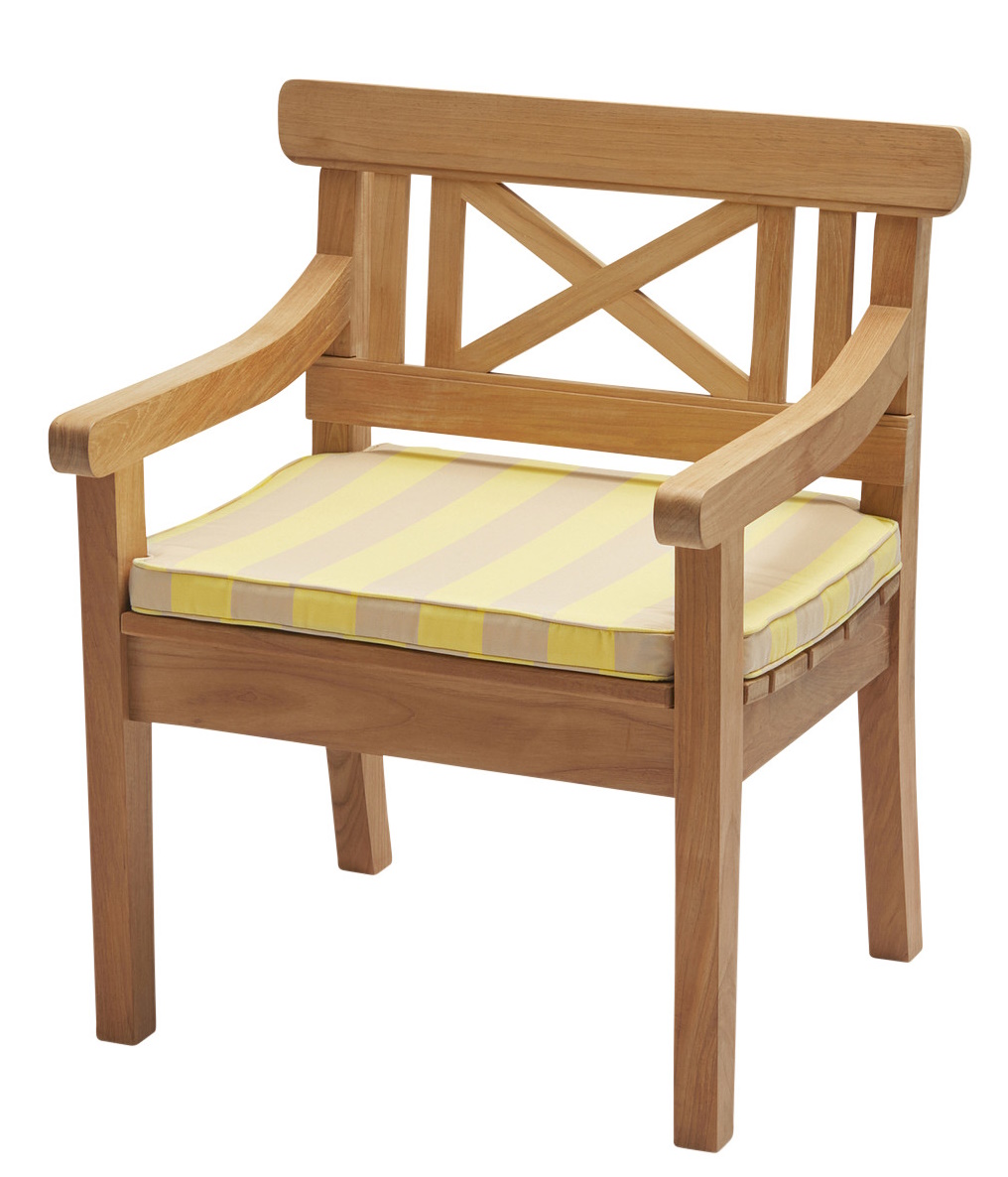 Drachmann Stuhl aus Holz mit Zitrone/Sand gestreiftem Sitzkissen für den Outdoor-Bereich. Gartenmöbel mit Komfort.