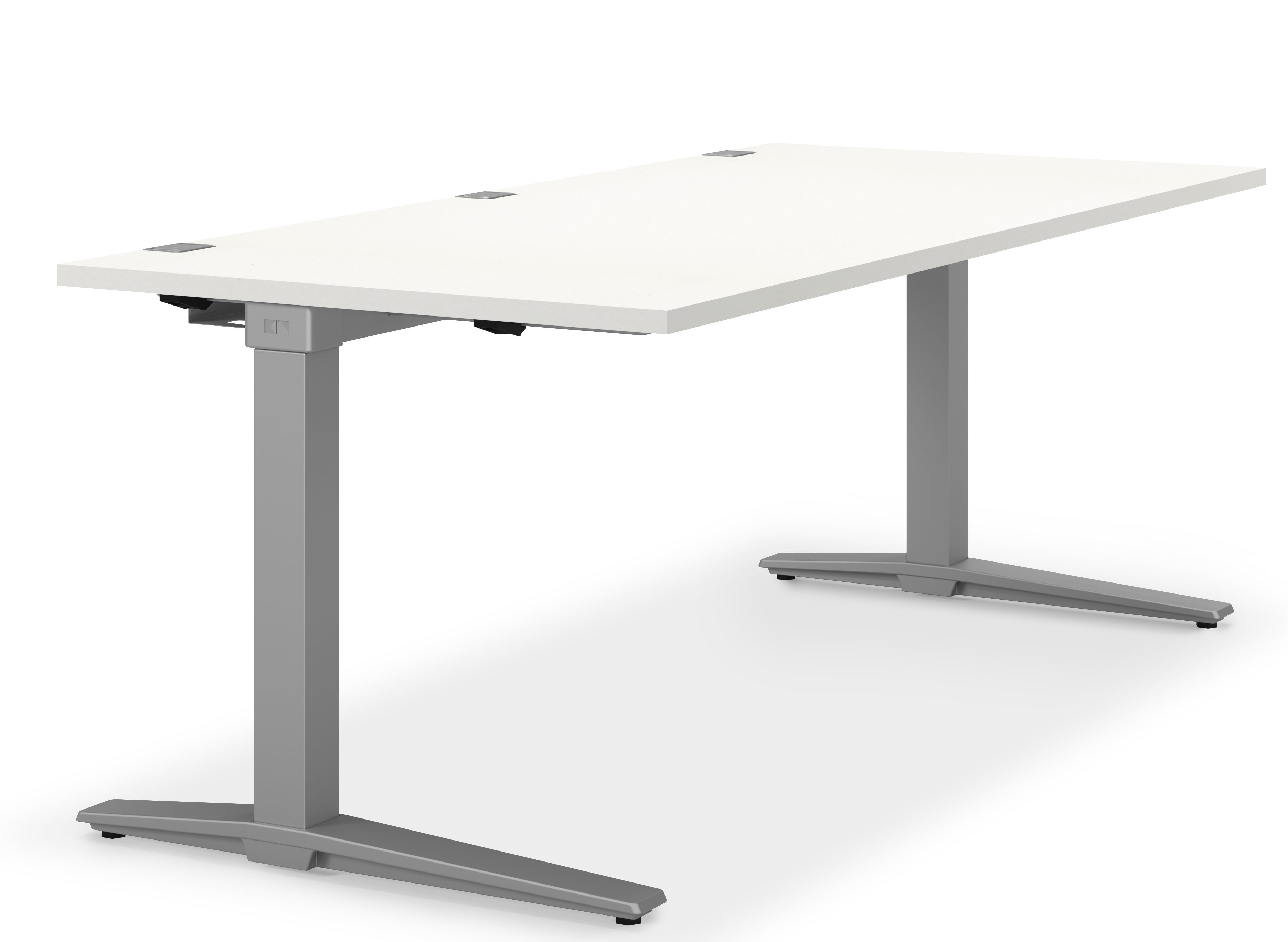 TALO.S Schreibtisch von König+Neurath, höhenverstellbar, mit weißer Tischplatte und grauem Gestell für modernes Büro.