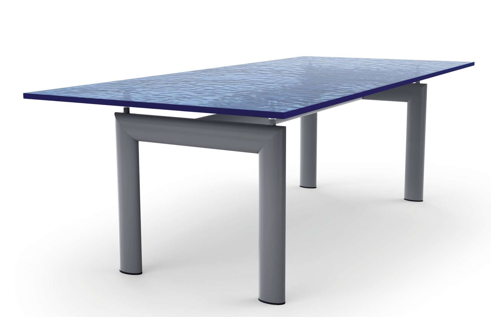 LC6 Table tube d'avion Esstisch von Cassina mit blauer Glasplatte und grauem Stahlgestell.
