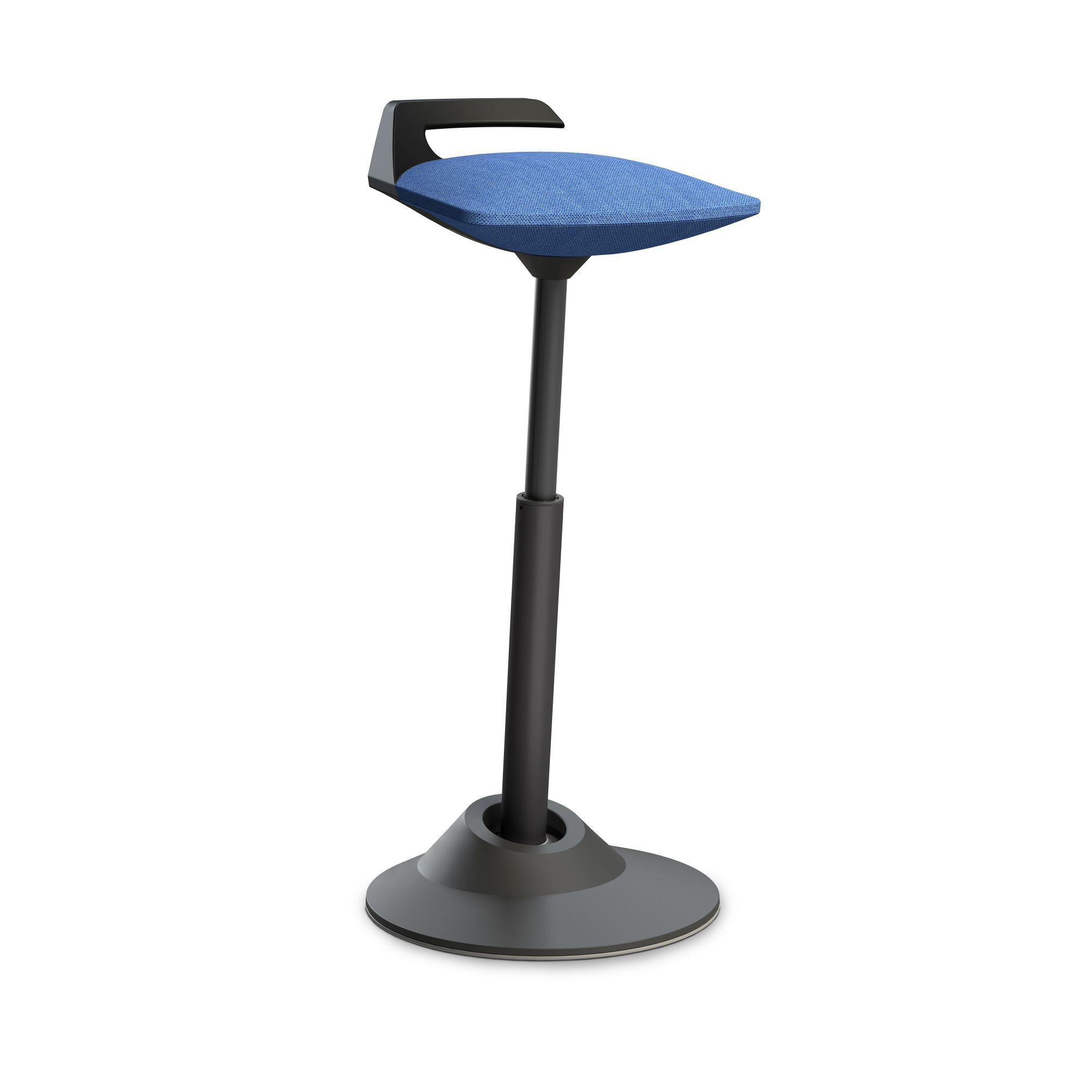 Blauer Steh-Sitz Hocker mit schwarzem Fuß und Griff für ergonomisches Arbeiten im Büro.