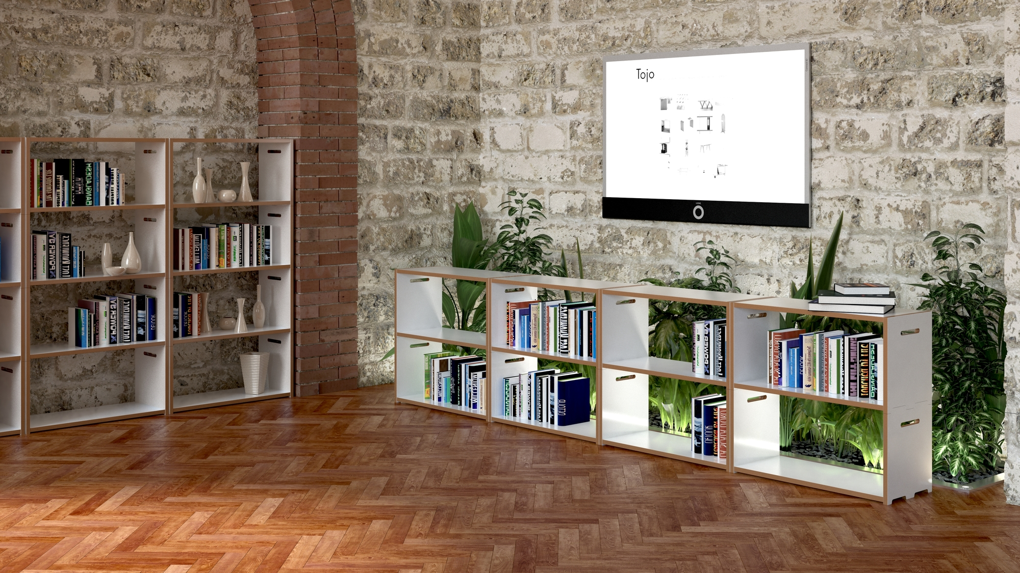 Tojo Hochstapler Regal Anbaumodul aus Holz und Weiß, flexibel und modern im Wohnzimmer.