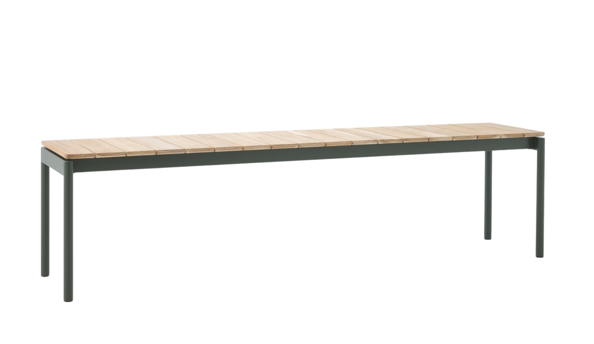 AndTradition Ville AV28 Bank für den Außenbereich mit Holzlatten und grünem Metallgestell.