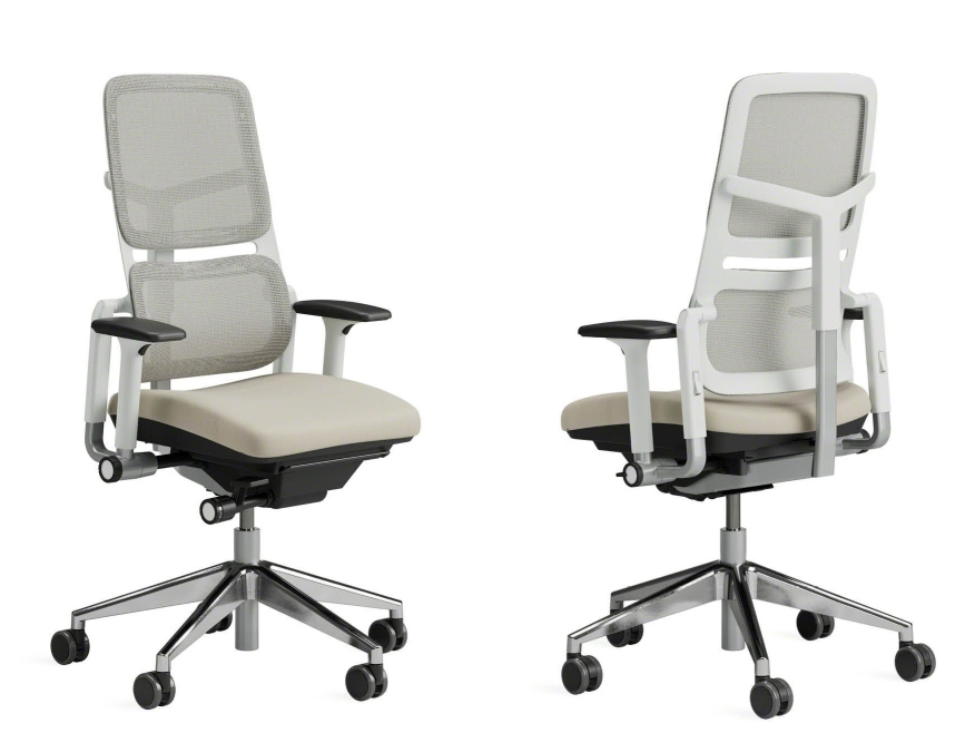 Steelcase Please Air Bürostuhl mit Netzrücken, ergonomisch, höhenverstellbar und mit Rollen, Vorder- und Rückansicht.