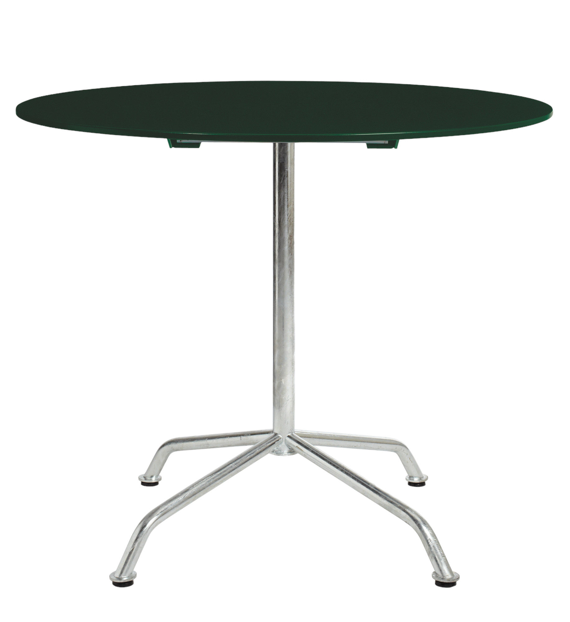 Haefeli Gartentisch Outdoor Ø 90 cm von Embru mit runder, grüner Tischplatte und Metallgestell.