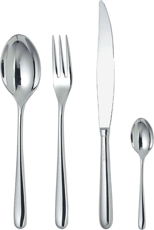 Alessi Caccia Besteck: Messer, Gabel, großer und kleiner Löffel aus glänzendem Edelstahl.