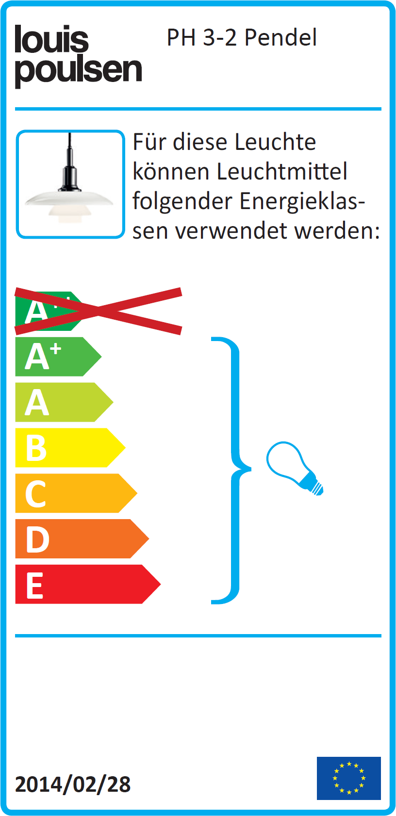 Produktlabel für Louis Poulsen PH 3/2 Pendelleuchte mit Energieeffizienzklassen und Leuchtmittelhinweis.