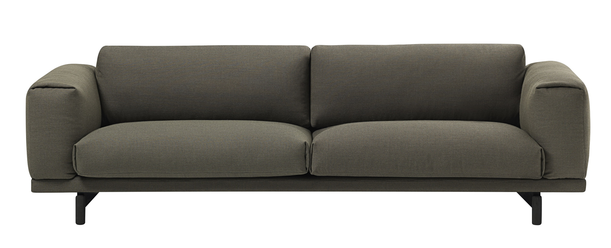 Muuto Rest Sofa, 3-Sitzer, graubraunes Stoffsofa mit minimalistischem Design und schwarzen Holzbeinen für modernes Wohnzimmer.