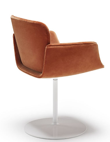 KN06 Stuhl von Knoll International, Bürostuhl mit braunem Samtbezug und weißem Fuß, seitliche Ansicht.