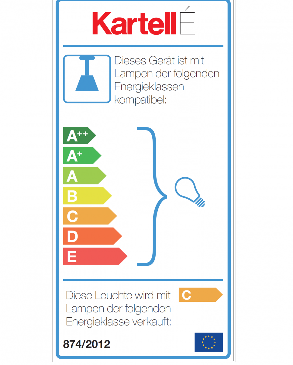 E' Pendelleuchte Kartell: Energieeffizienzlabel mit Kompatibilitäts- und Verkaufshinweisen für Lampen der Energieklassen A++ bis E.