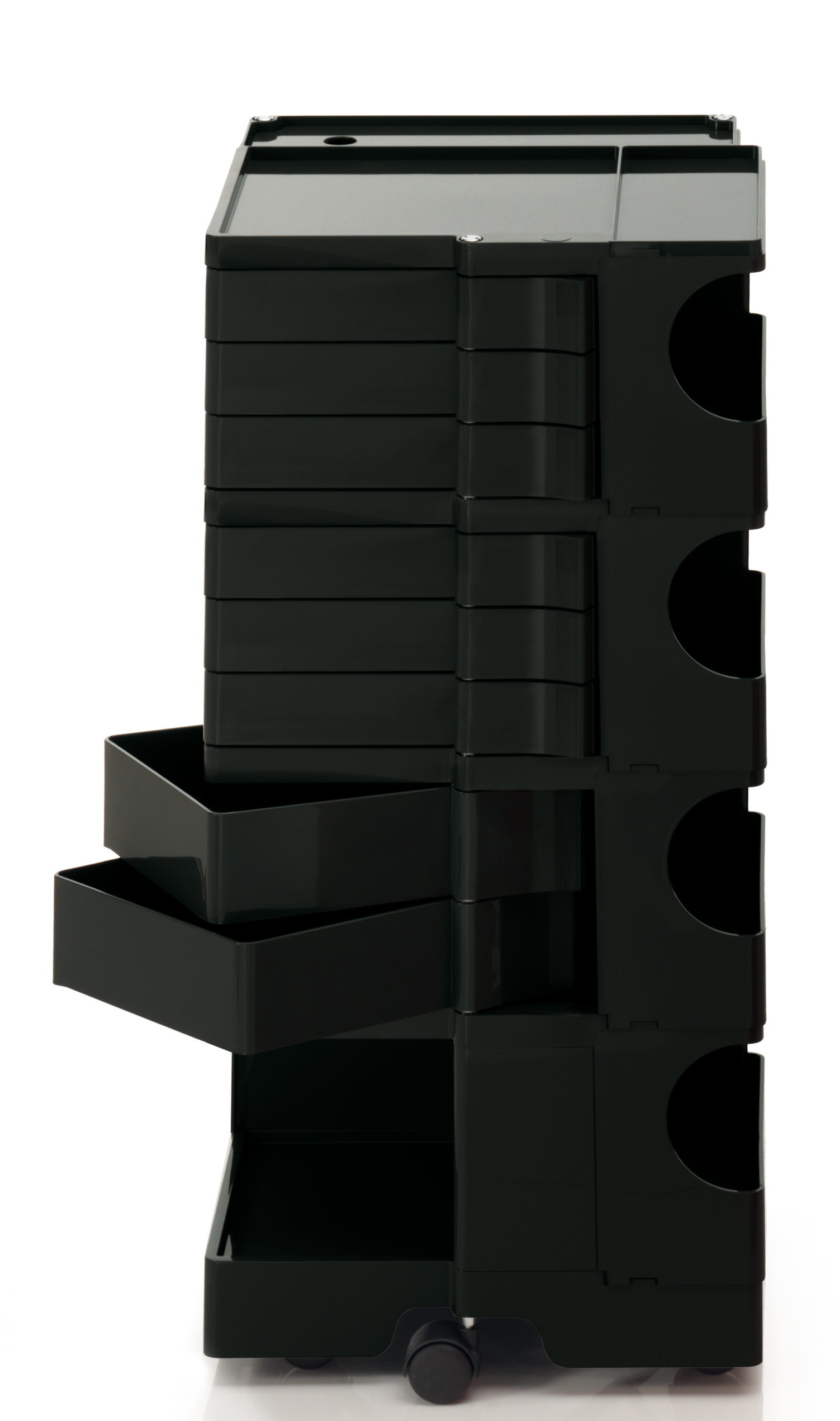 Schwarzer Boby Rollcontainer mit Schubladen und Fächern, ideal für Büro und Arbeitszimmer.