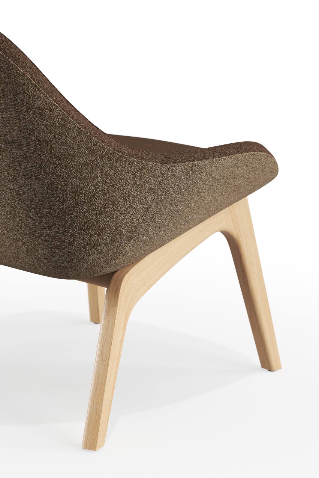 Detailaufnahme vom Morph Lounge Chair Sessel Zeitraum mit braunem Stoffbezug und hellem Holzgestell.