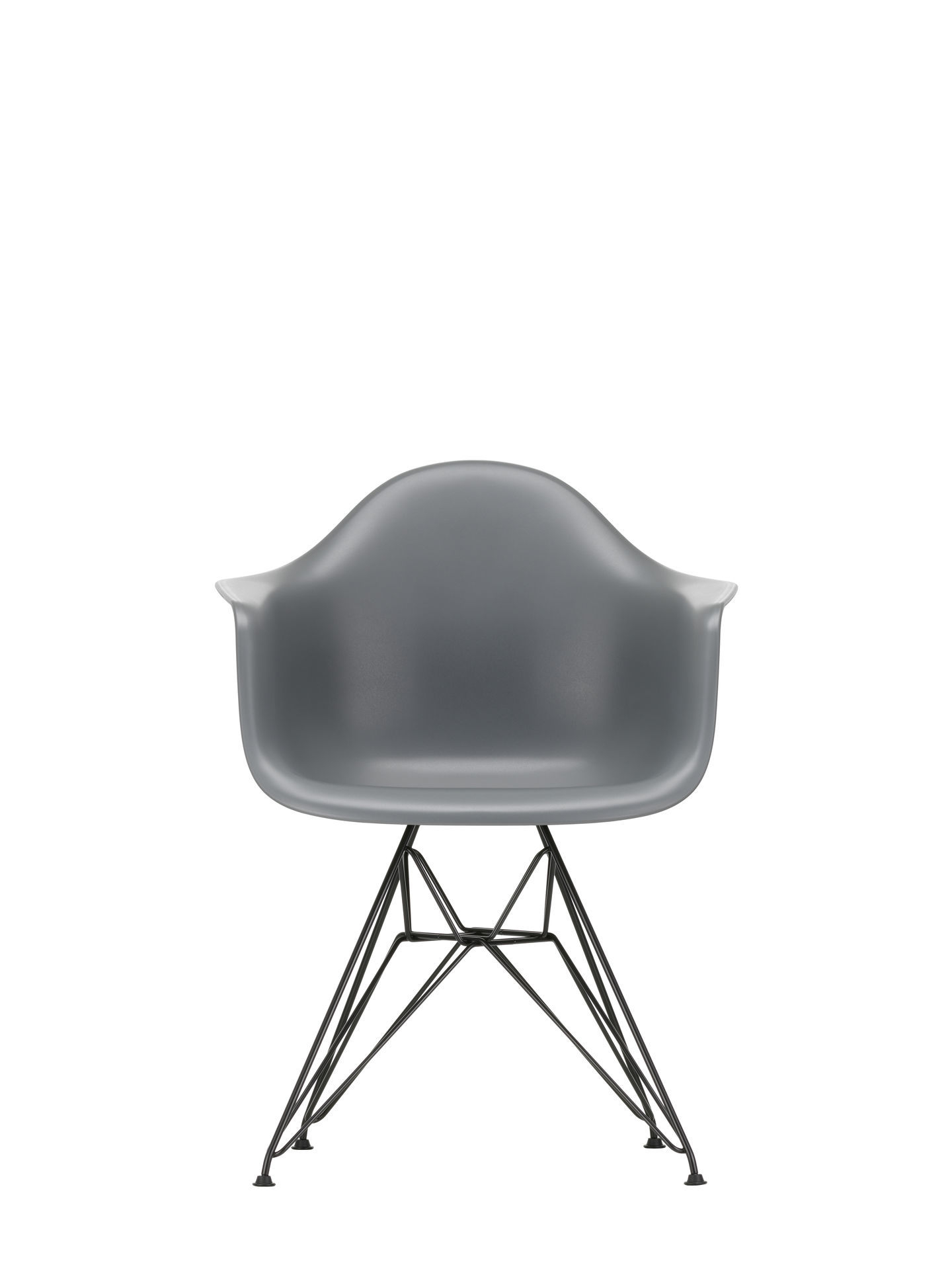 Nahaufnahme des Eames Plastic Arm Chair DAR Stuhl Vitra in Schwarz mit filigranem Drahtgestell.
