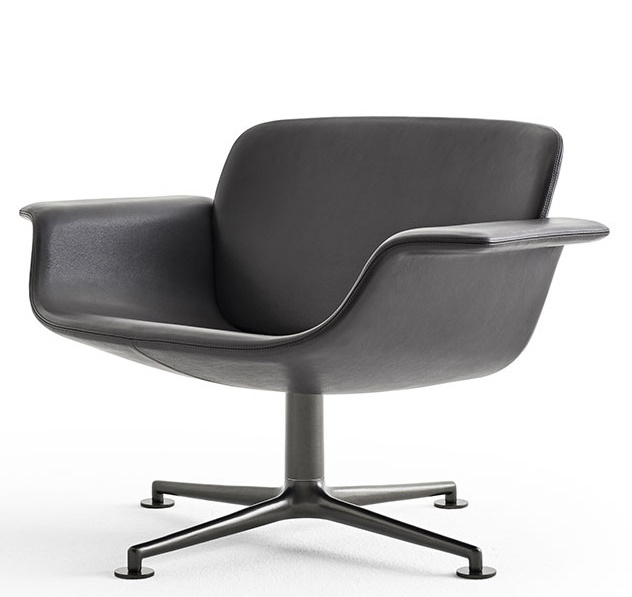 KN01 Lounge Sessel von Knoll International, graues Leder, Drehsessel mit Armlehnen und Metallfuß.