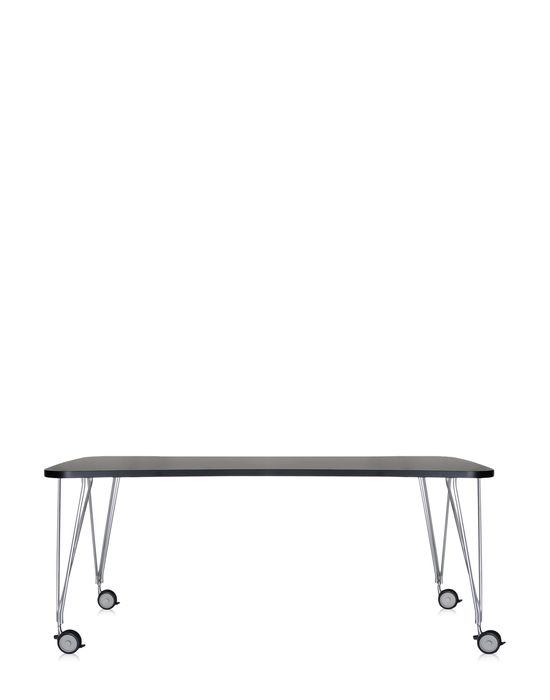 Schwarzer Kartell Max Tisch 190 x 90 cm mit Rollen und verchromten Beinen, freigestellt.