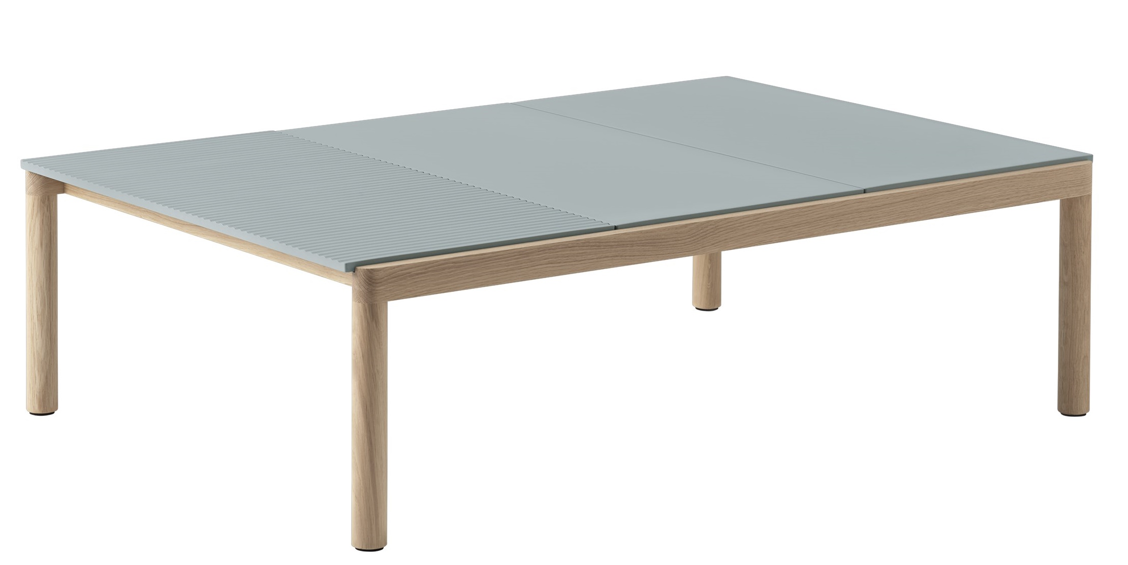 Muuto Couple Coffee Table Couchtisch mit hellblau-grauer Tischplatte und hellem Holzgestell, modernes Wohnzimmer Design.
