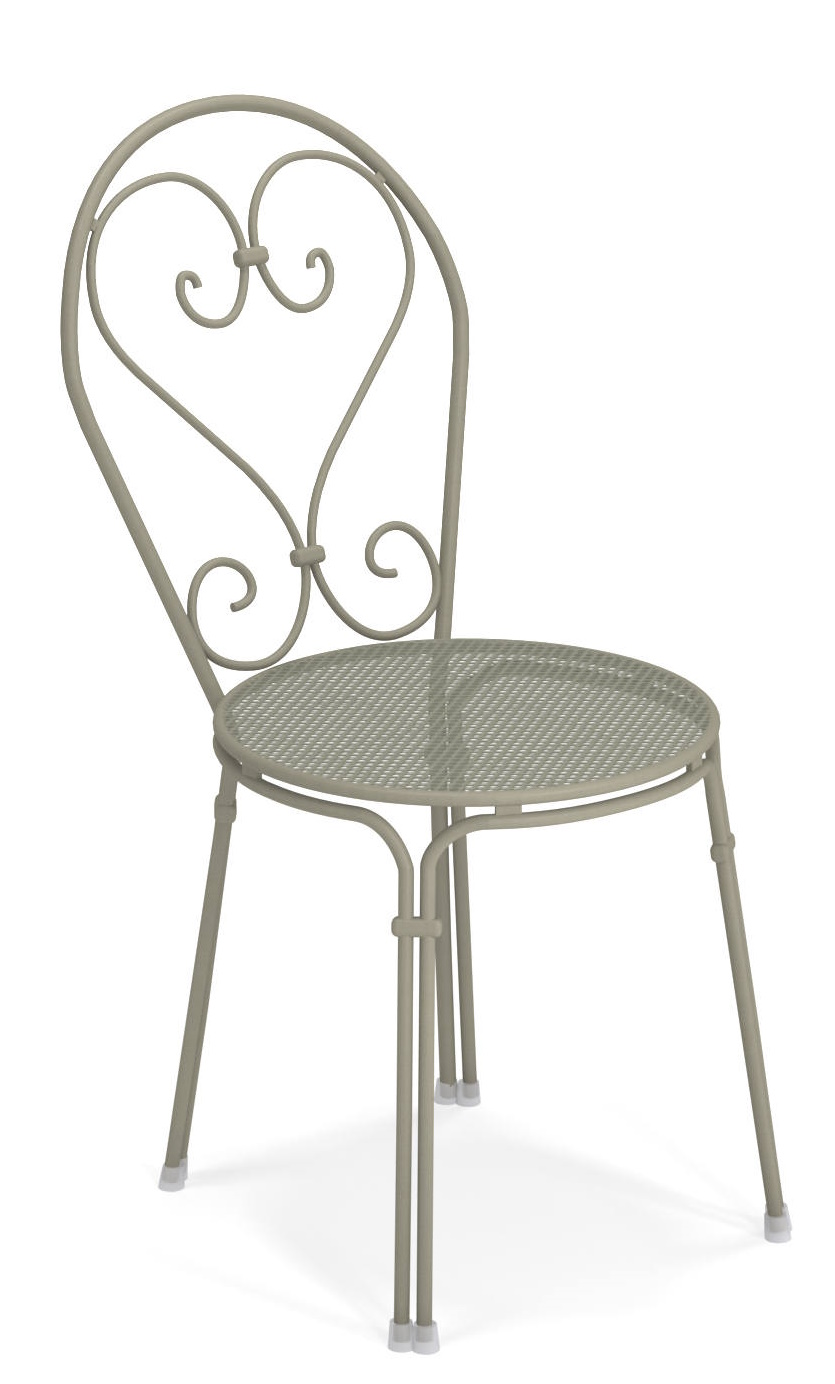 Emu Pigalle Stuhl für den Garten, Metallstuhl in Taupe mit herzförmiger Rückenlehne.