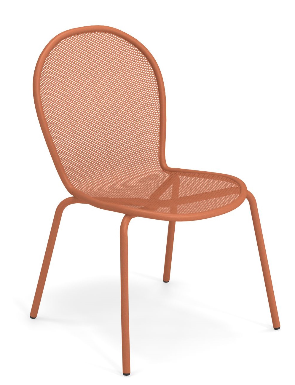 Ronda Stuhl von Emu für den Außenbereich, orangefarbener Metallstuhl mit filigranem Netzmuster.