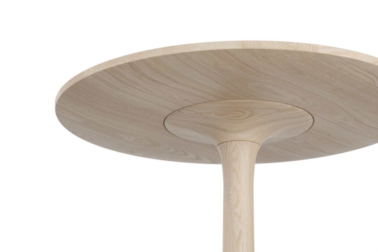 Nahaufnahme des Turntable Couch Beistelltisches Zeitraum aus hellem Holz mit runder Tischplatte und Säulenfuß.