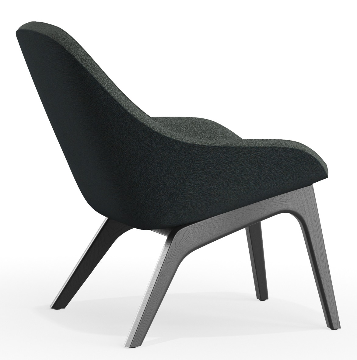 Morph Lounge Chair Sessel von Zeitraum, dunkelgrauer Stoffbezug und Holzgestell, seitliche Ansicht. Moderner Sessel für Wohnzimmer.