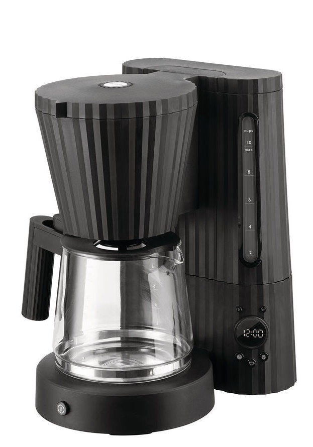 Schwarze Alessi Filterkaffeemaschine MDL14 mit Plissee-Design und Glaskanne für bis zu 10 Tassen Kaffee.