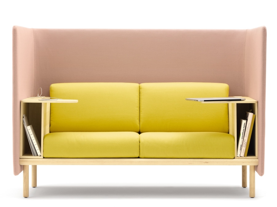 Floater Sofa von Cor, 2-Sitzer in Gelb und Rosa mit integrierten Ablagetischen und Stauraum.