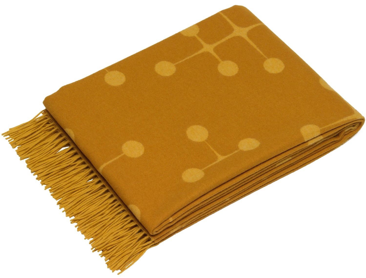 Goldene Eames Wolldecke mit Punktmuster und Fransen, Vitra Wohndecke für gemütliche Stunden.