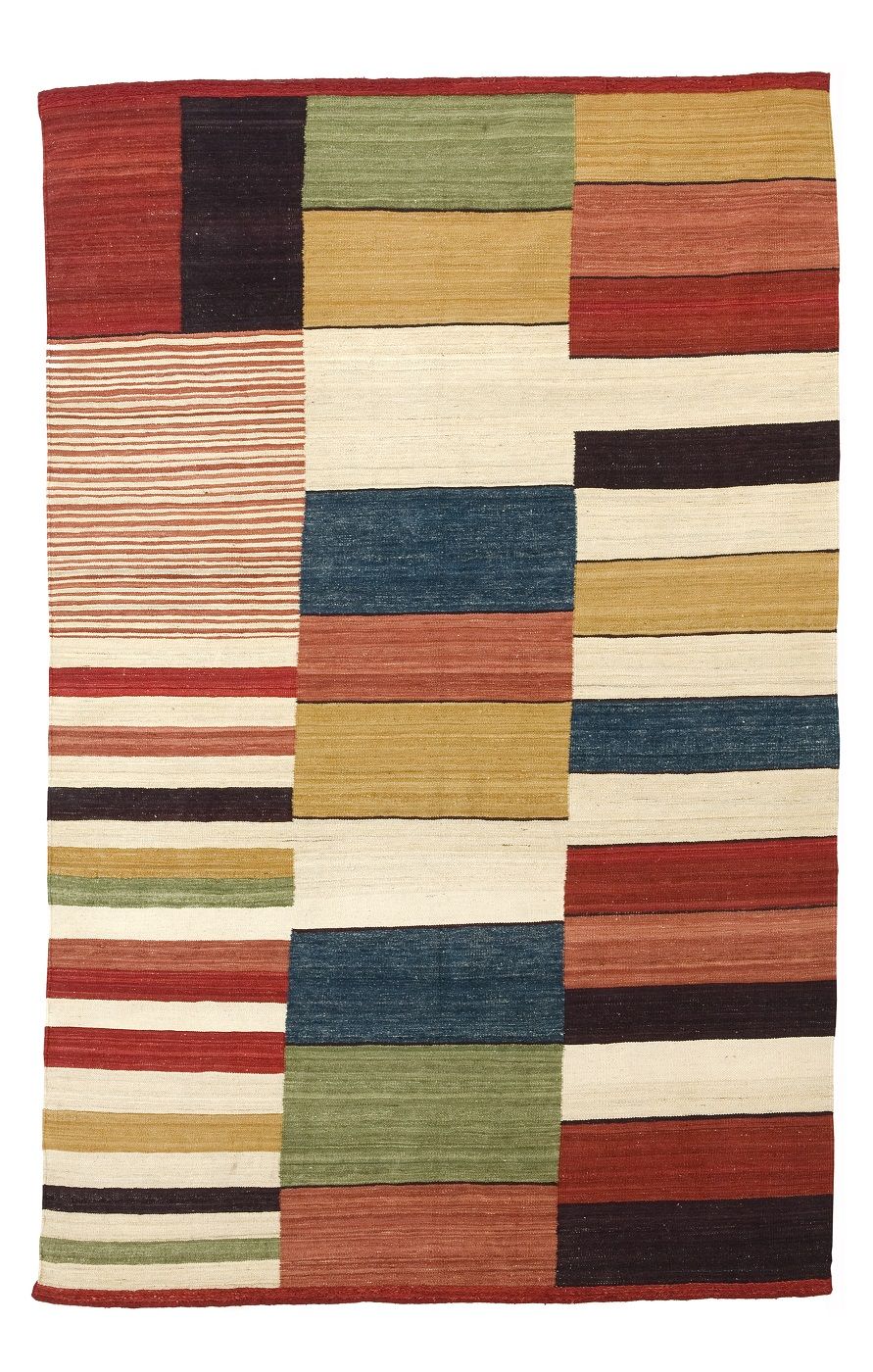 Medina Teppich von Nanimarquina, 200x300 cm, mit farbenfrohem, geometrischem Muster aus Streifen und Rechtecken.