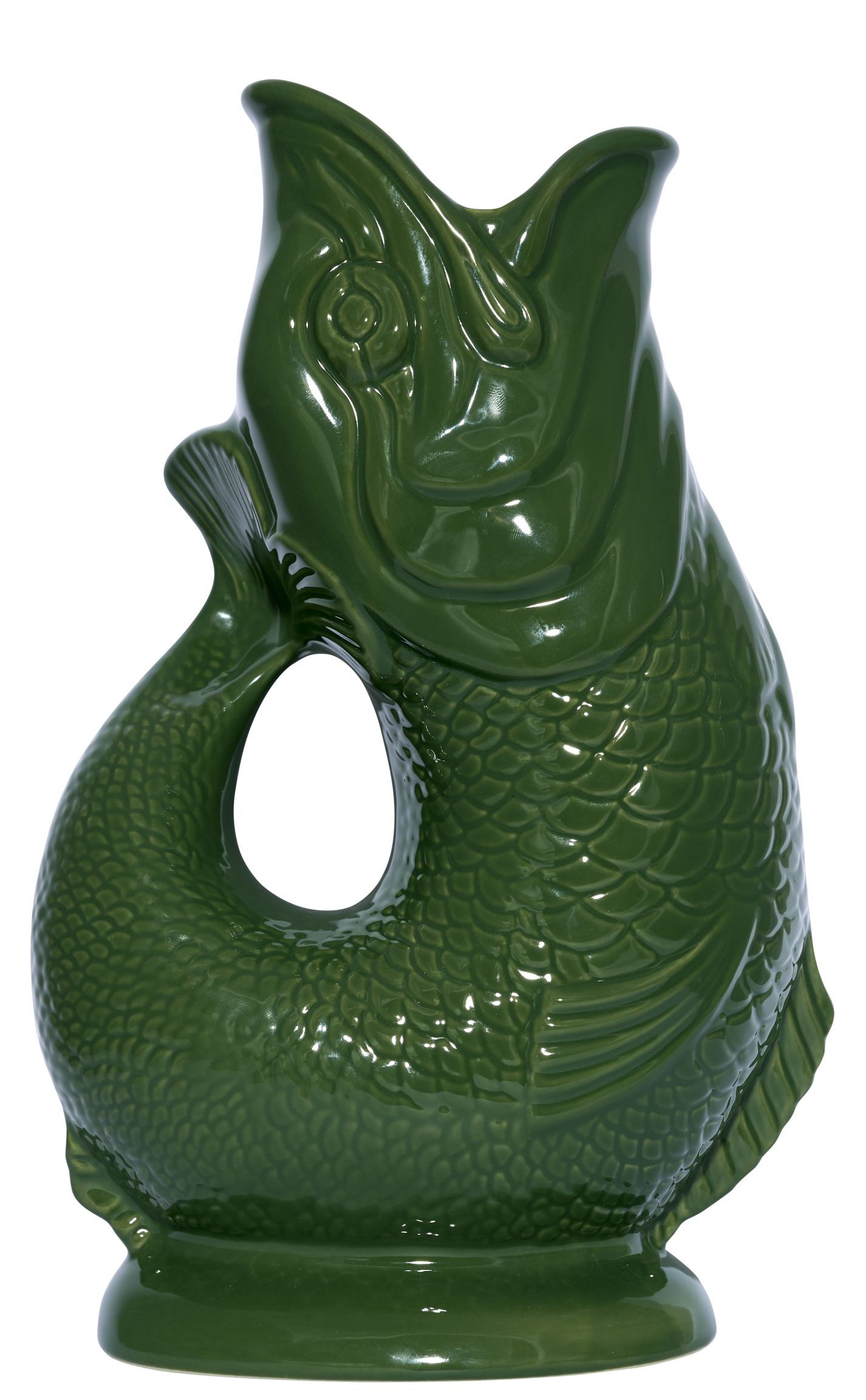Dunkelgrüne Gluckigluck Fischkaraffe XL. Keramik Wasserkrug in Fischform, dekorative Vase.
