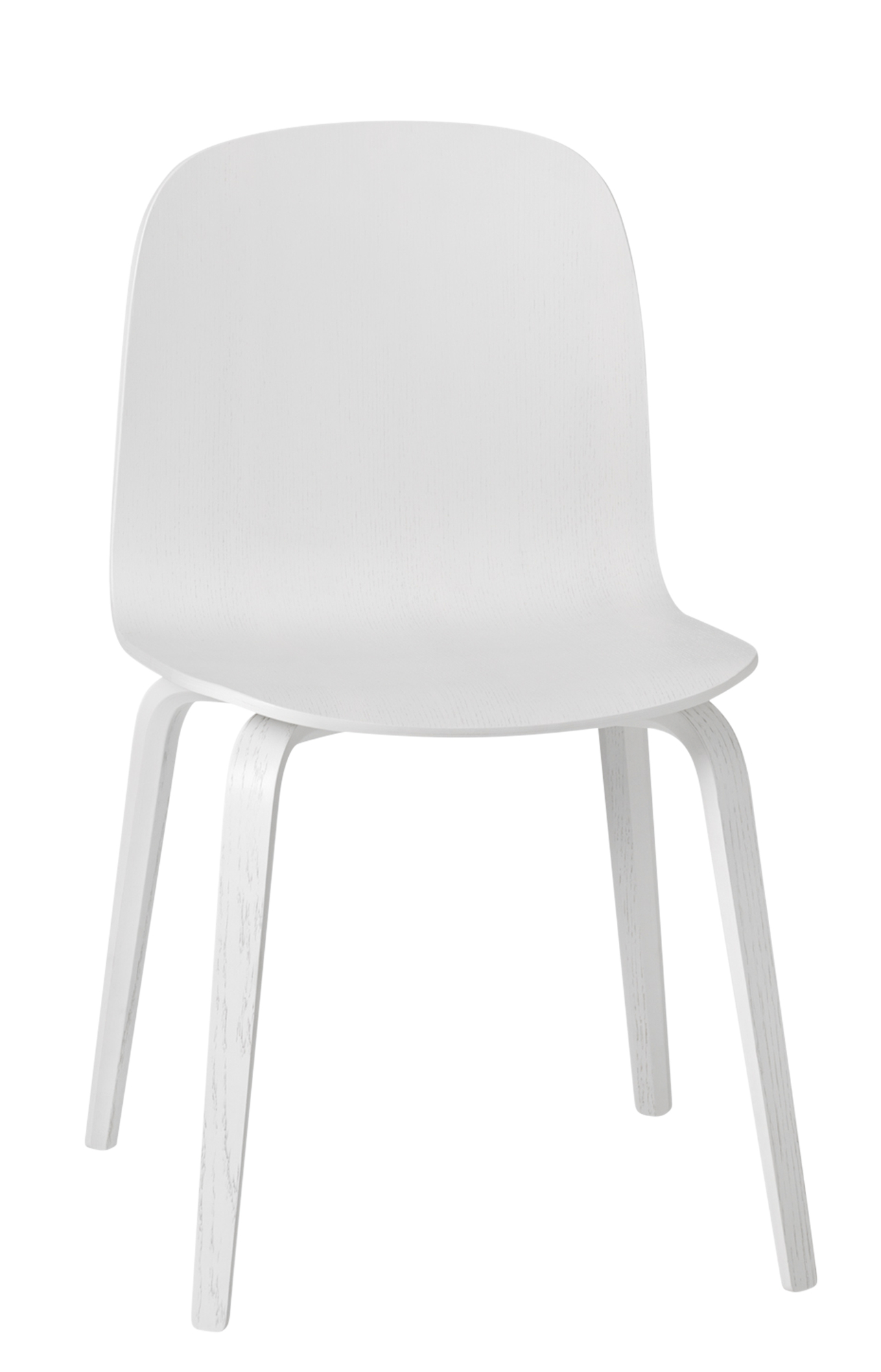 Weißer Visu Chair von Muuto mit Holzbeinen, minimalistisches Design für Esszimmer und Wohnbereich.