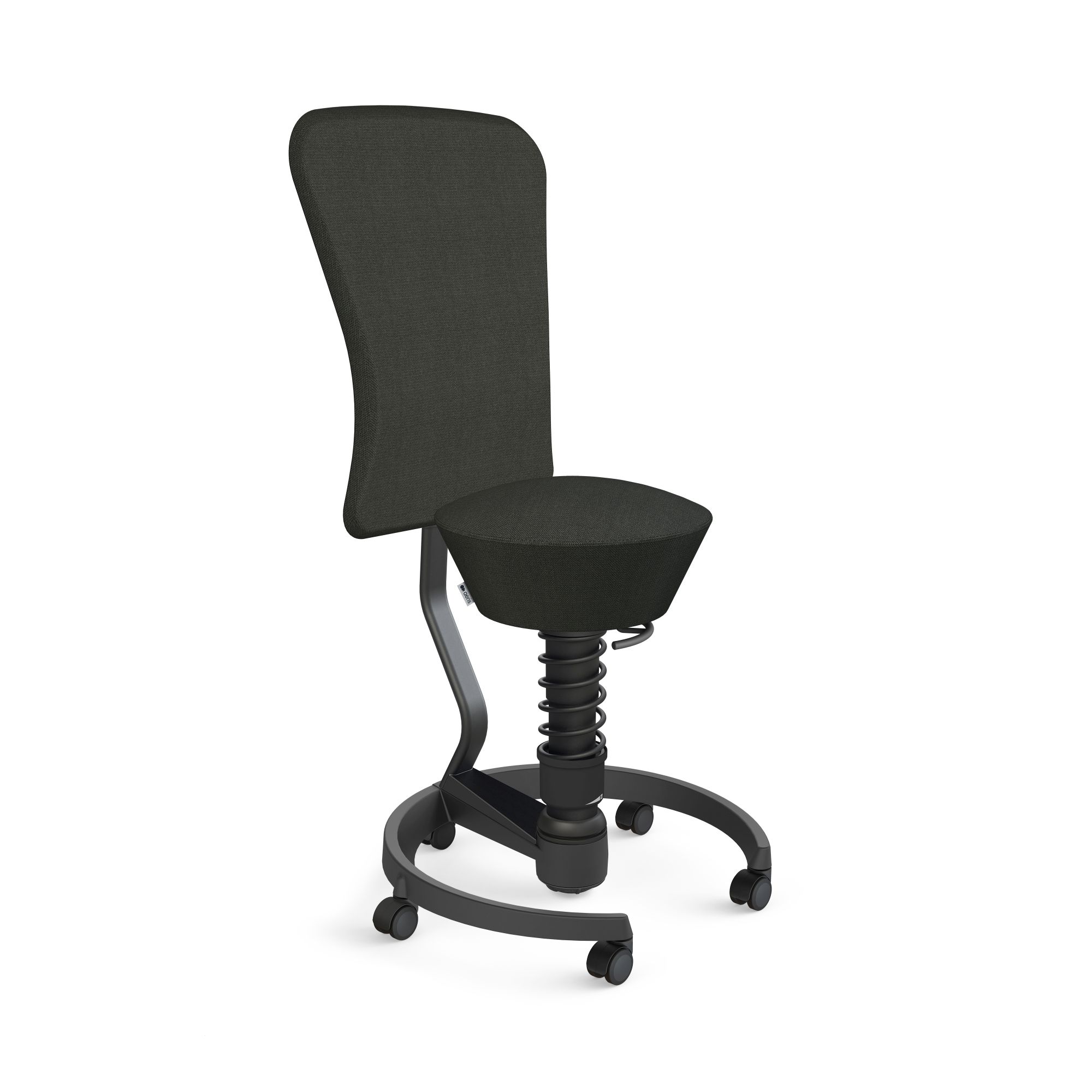 Schwarzer Bürostuhl mit Rückenlehne, Rollen und Federung für ergonomisches Sitzen im Büro.