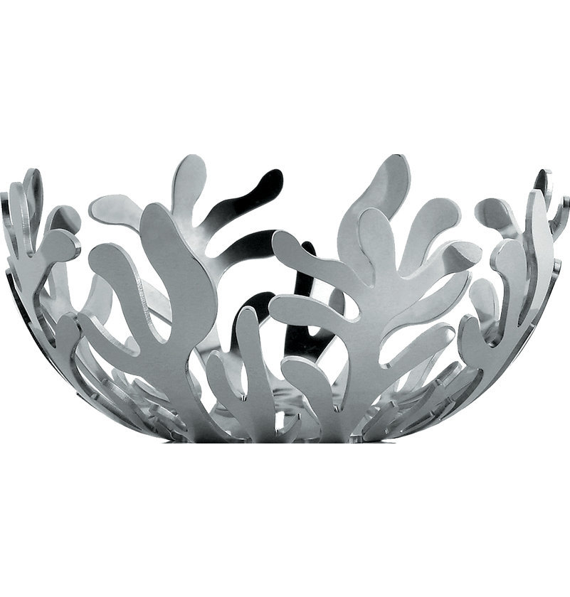 Alessi Mediterraneo Teelichthalter: Silberner, dekorativer Teelichthalter mit ausgeschnittenen Korallenmotiven für stimmungsvolle Beleuchtung.