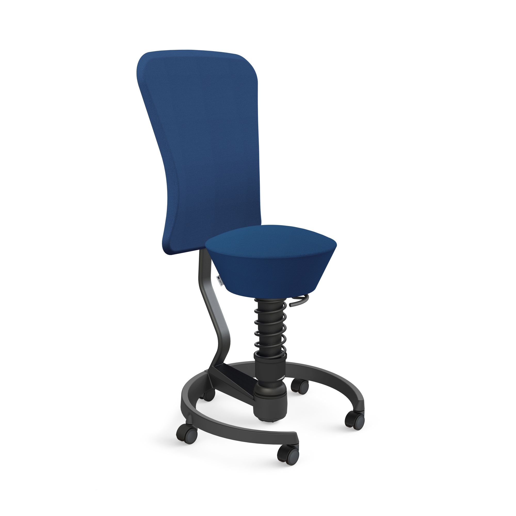 Blauer Bürostuhl mit Rückenlehne, Rollen und Federung für ergonomisches Sitzen im Büro.