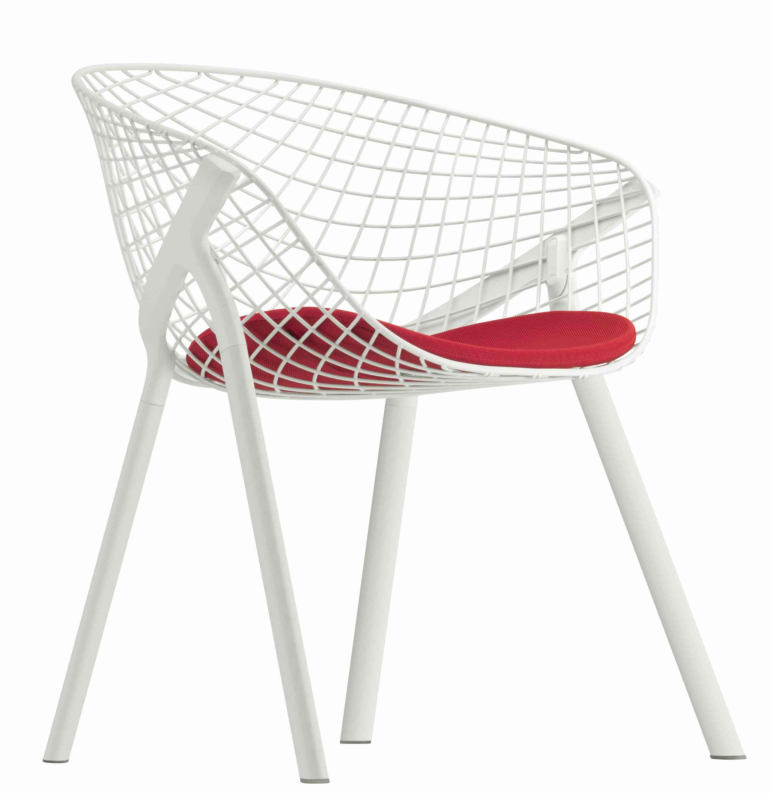 Kobi Chair Stuhl mit weißem Drahtgestell und rotem Sitzkissen, moderner Design Stuhl für Wohnzimmer.