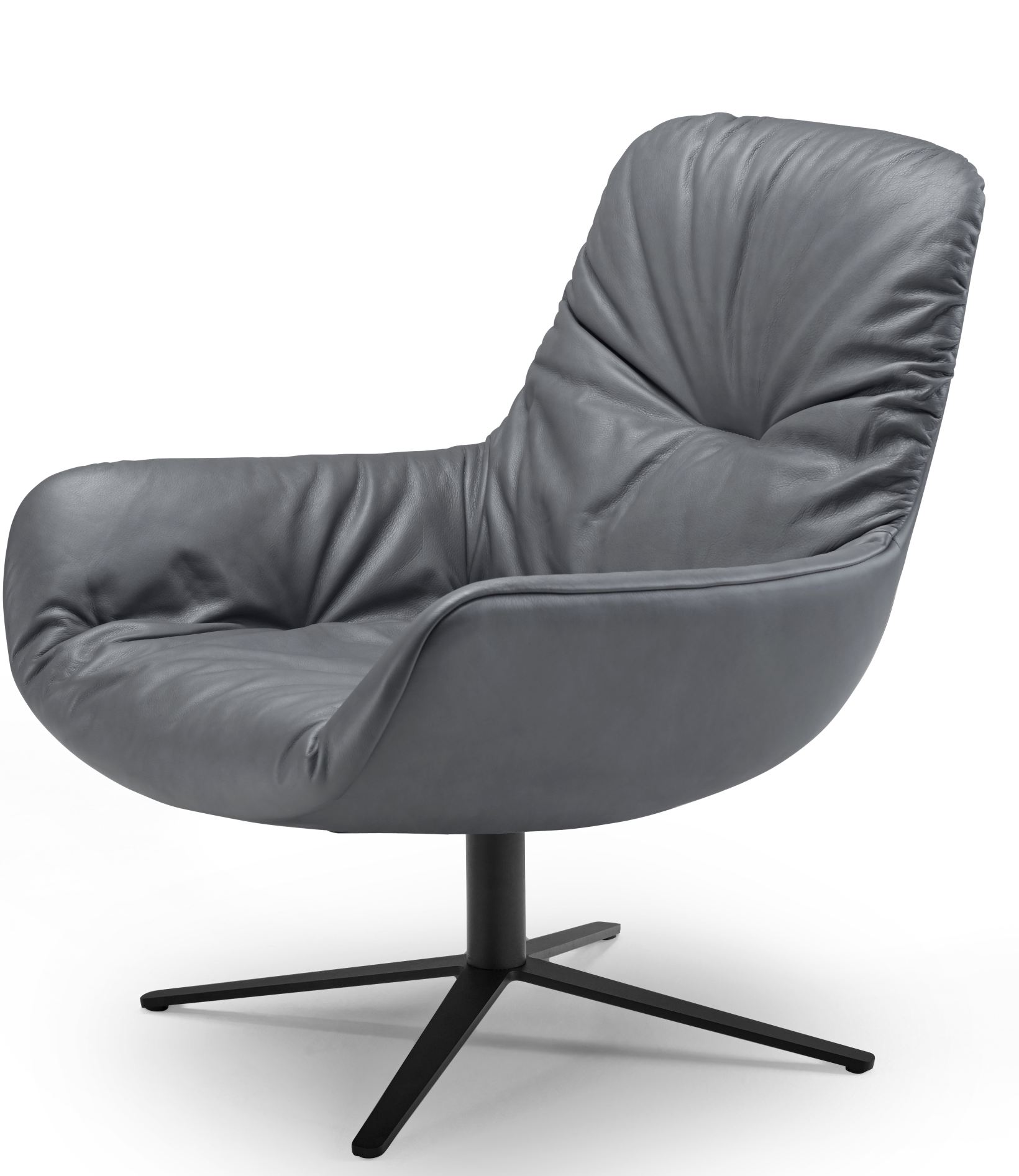 Grauer Leya Lounge Chair von Freifrau Manufaktur mit Drehfuß und weicher Lederpolsterung für entspanntes Sitzen.