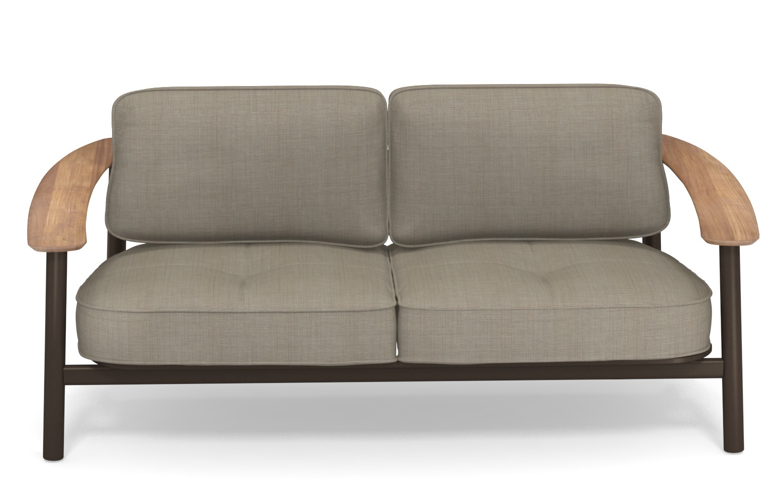 Twins Sofa Outdoor von Emu, modernes 2-Sitzer Gartensofa mit hellbraunen Polstern und Armlehnen aus Teakholz.