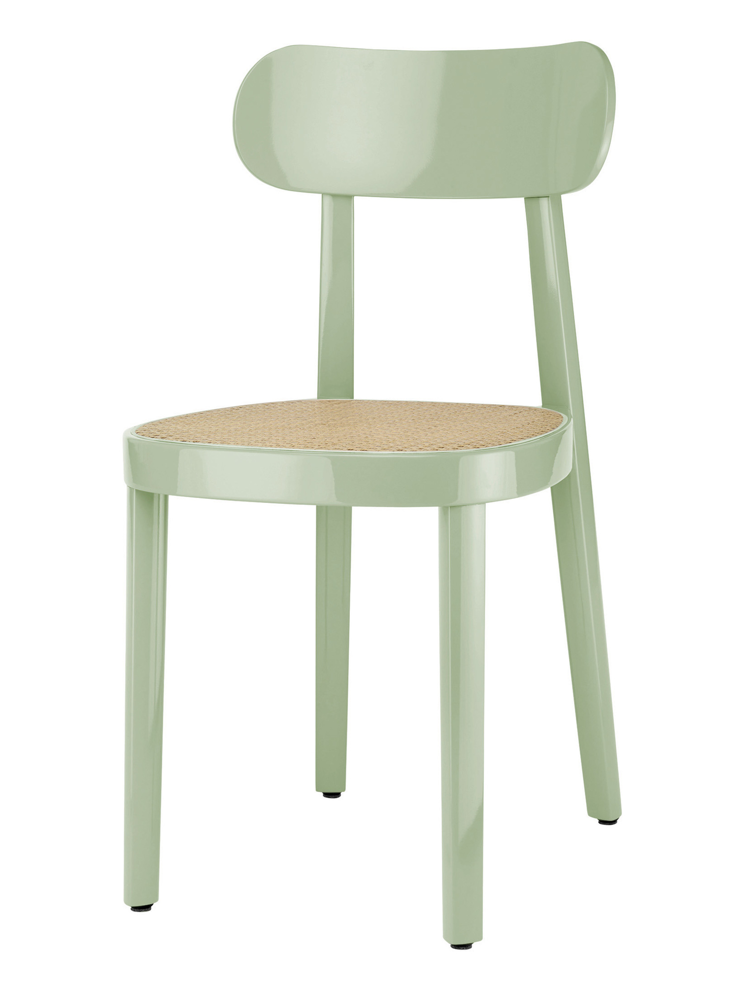 Holzstuhl 118 von Thonet in hellgrün mit Wiener Geflecht Sitzfläche, klassisches Designmöbel für Esszimmer.