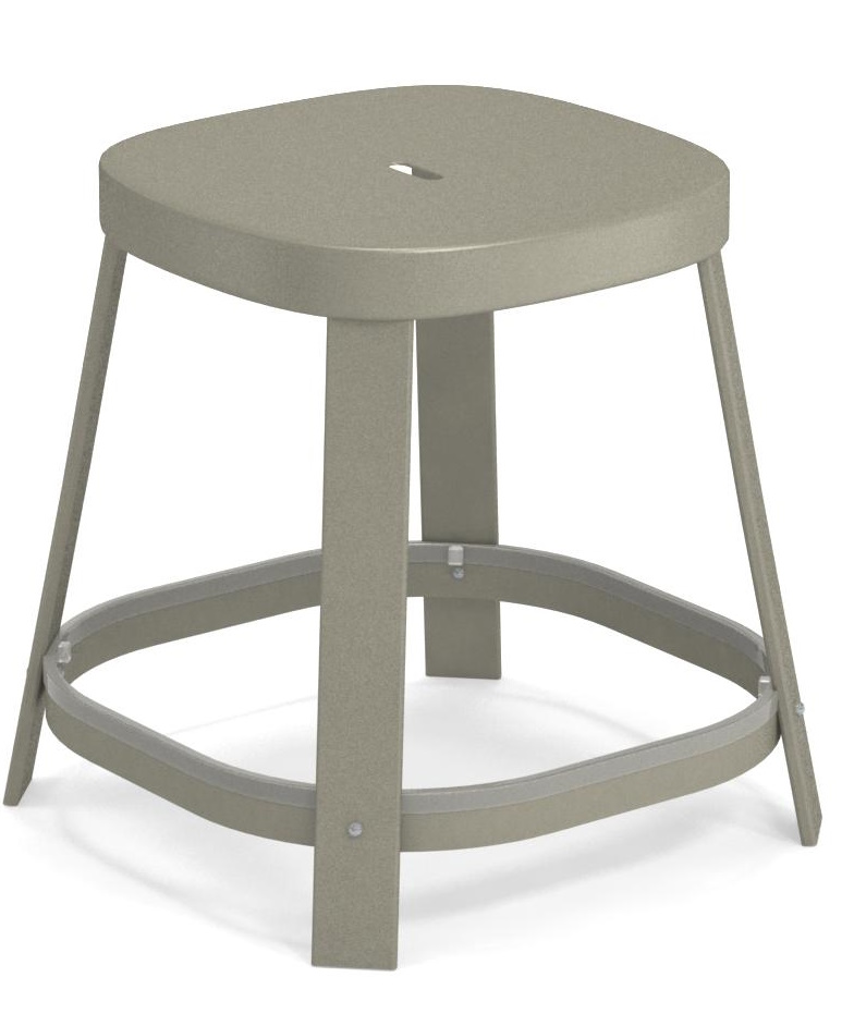 Emu Thor Barhocker niedrig, Outdoor-Sitzmöbel aus Metall in Taupe, modernes Design für Garten und Terrasse.