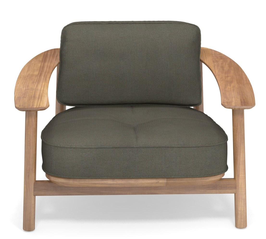 Emu Twins Lounge Chair Sessel Outdoor mit Holzrahmen und olivgrünen Polsterkissen, Frontansicht.