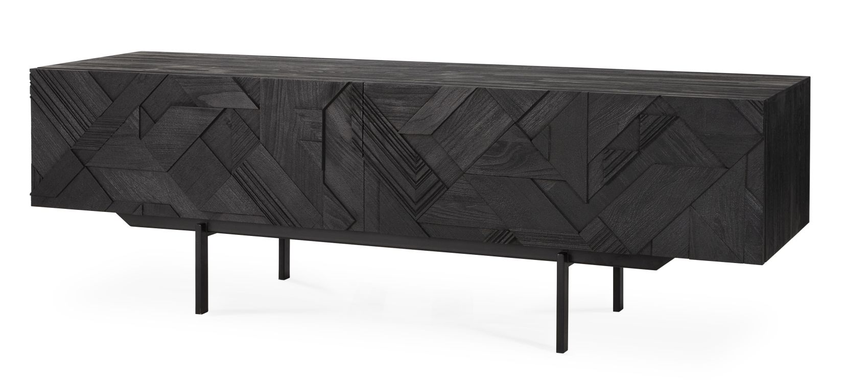 Schwarzes Graphic TV Möbel aus Teakholz von Ethnicraft mit geometrischem Muster und Metallbeinen.