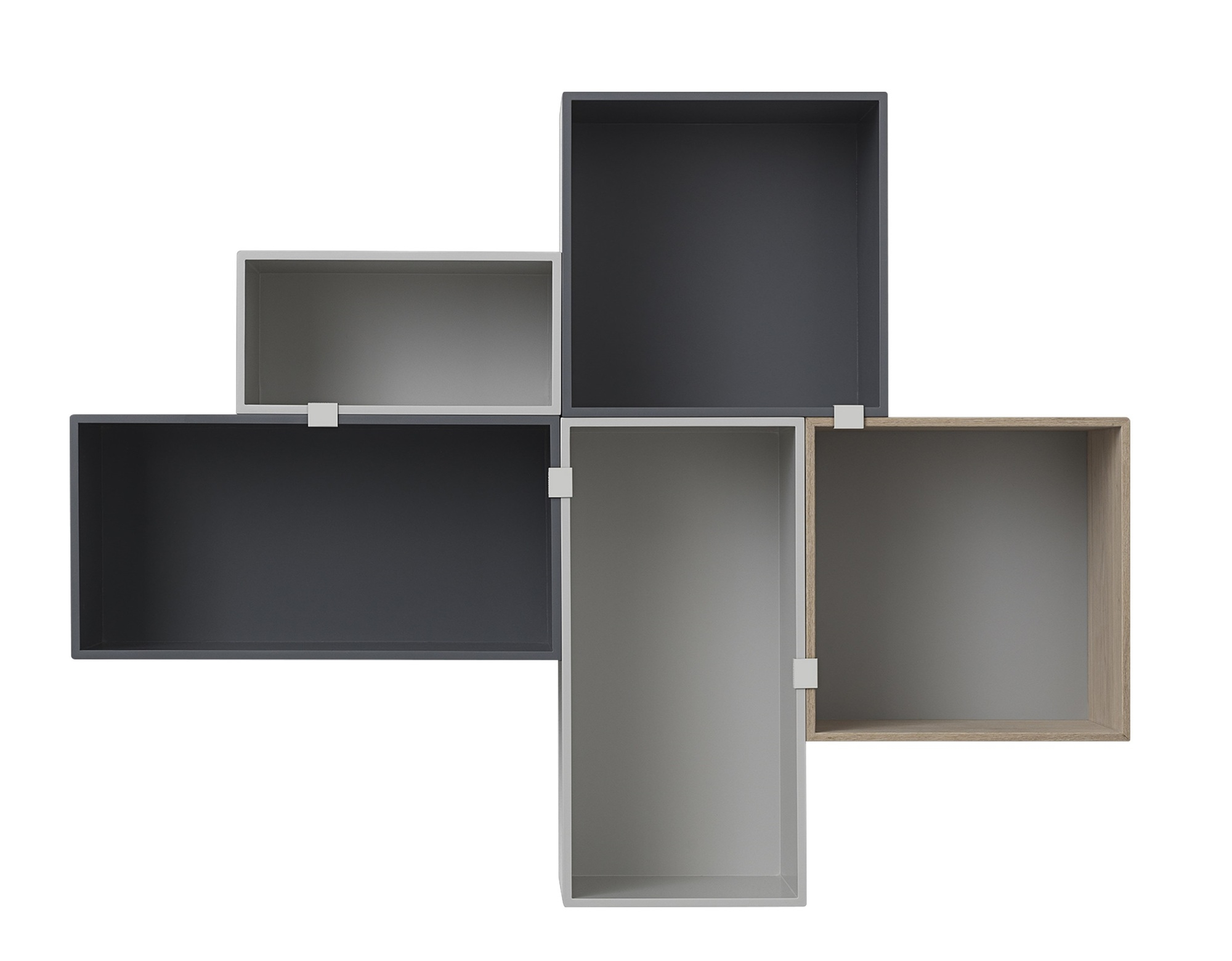 Muuto Mini Stacked Storage System 2.0 Regalsystem mit grauen und hellbraunen Modulen, verbunden durch weiße Clips.