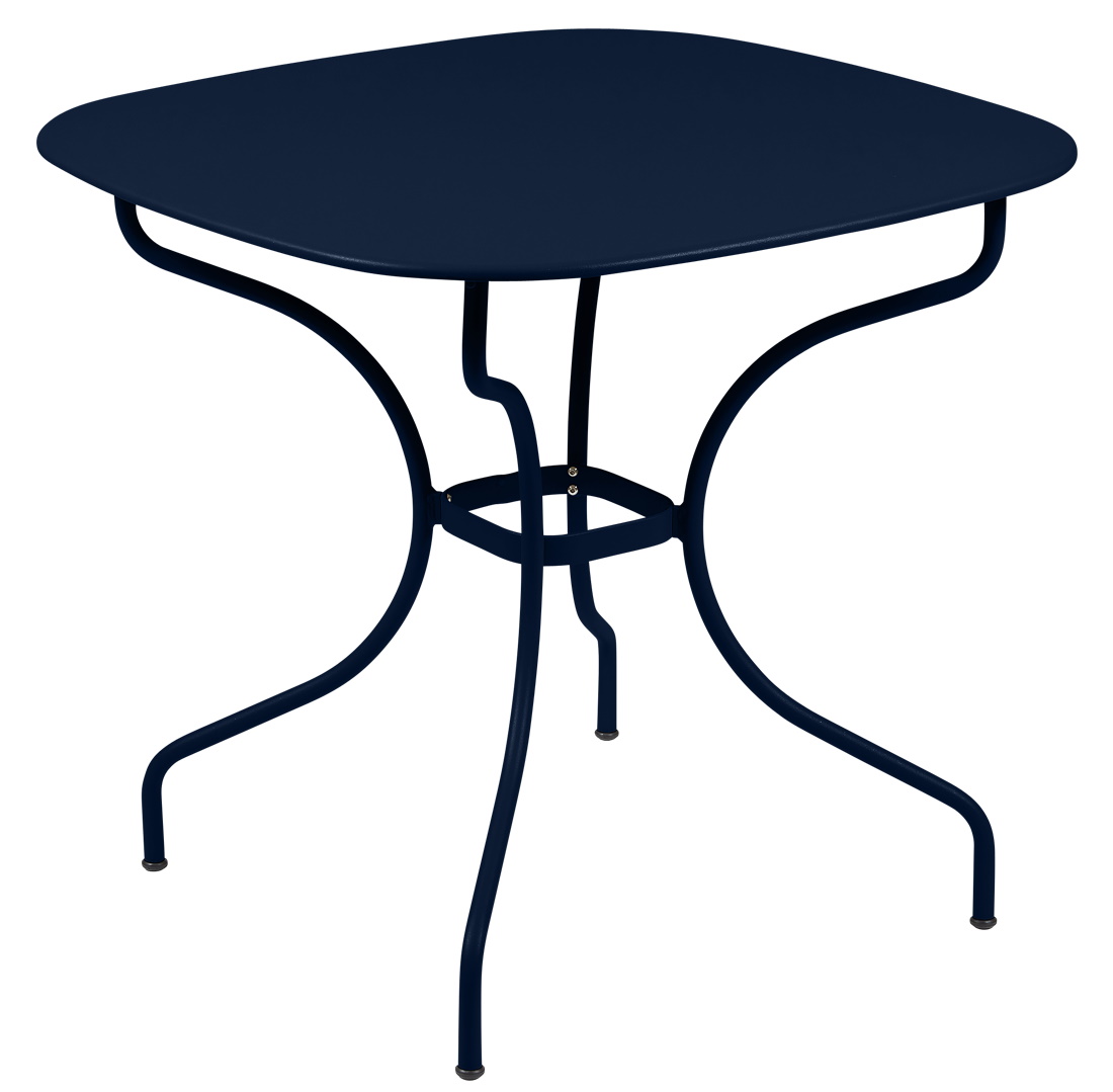 Blauer Fermob Opéra+ Gartentisch 82x82 cm, ideal für den Außenbereich, robust und stilvoll.