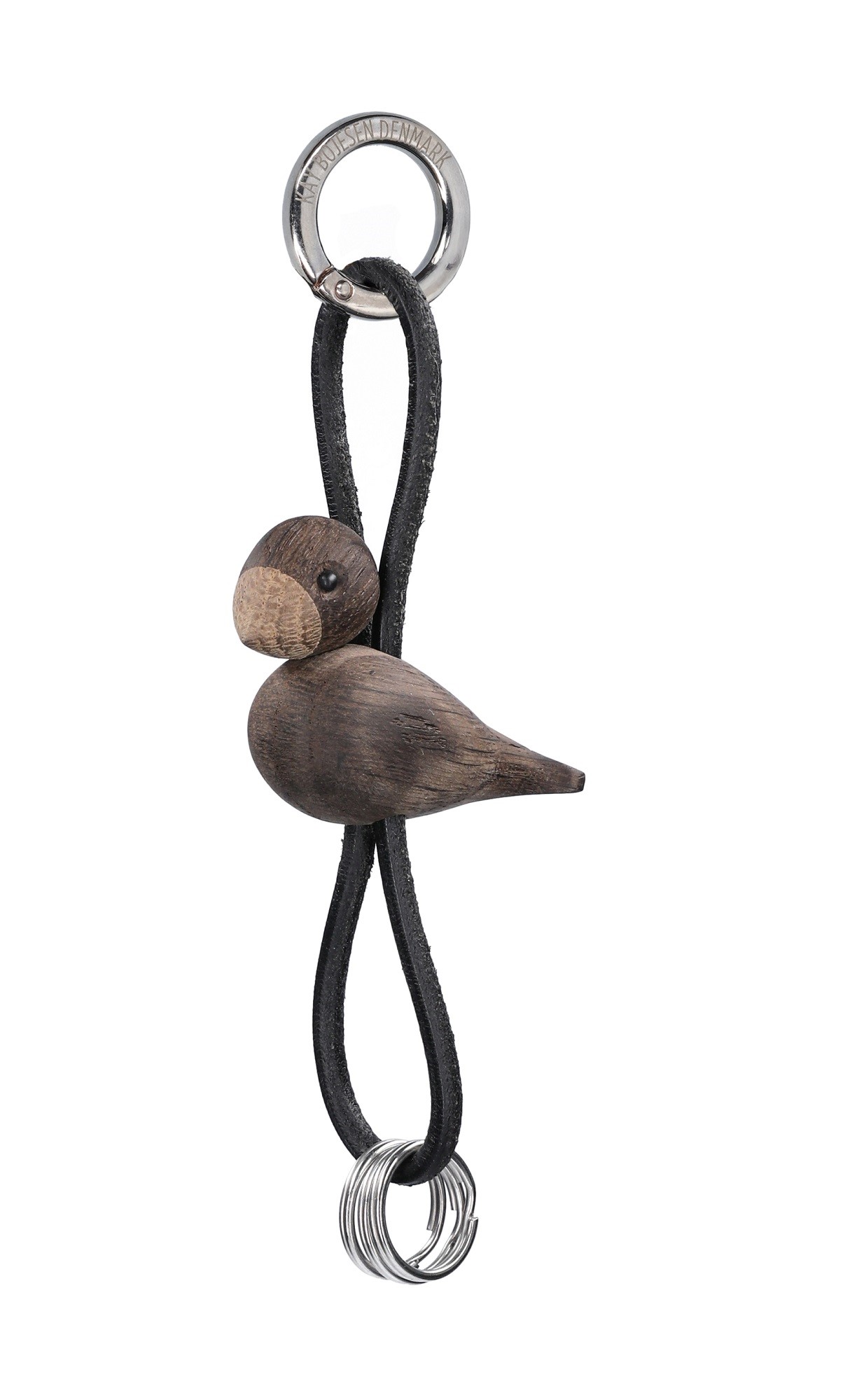 Vogel Eikenhout, zilverkleurig metalen sleutelhanger met zwart leer, Kay Bojesen 