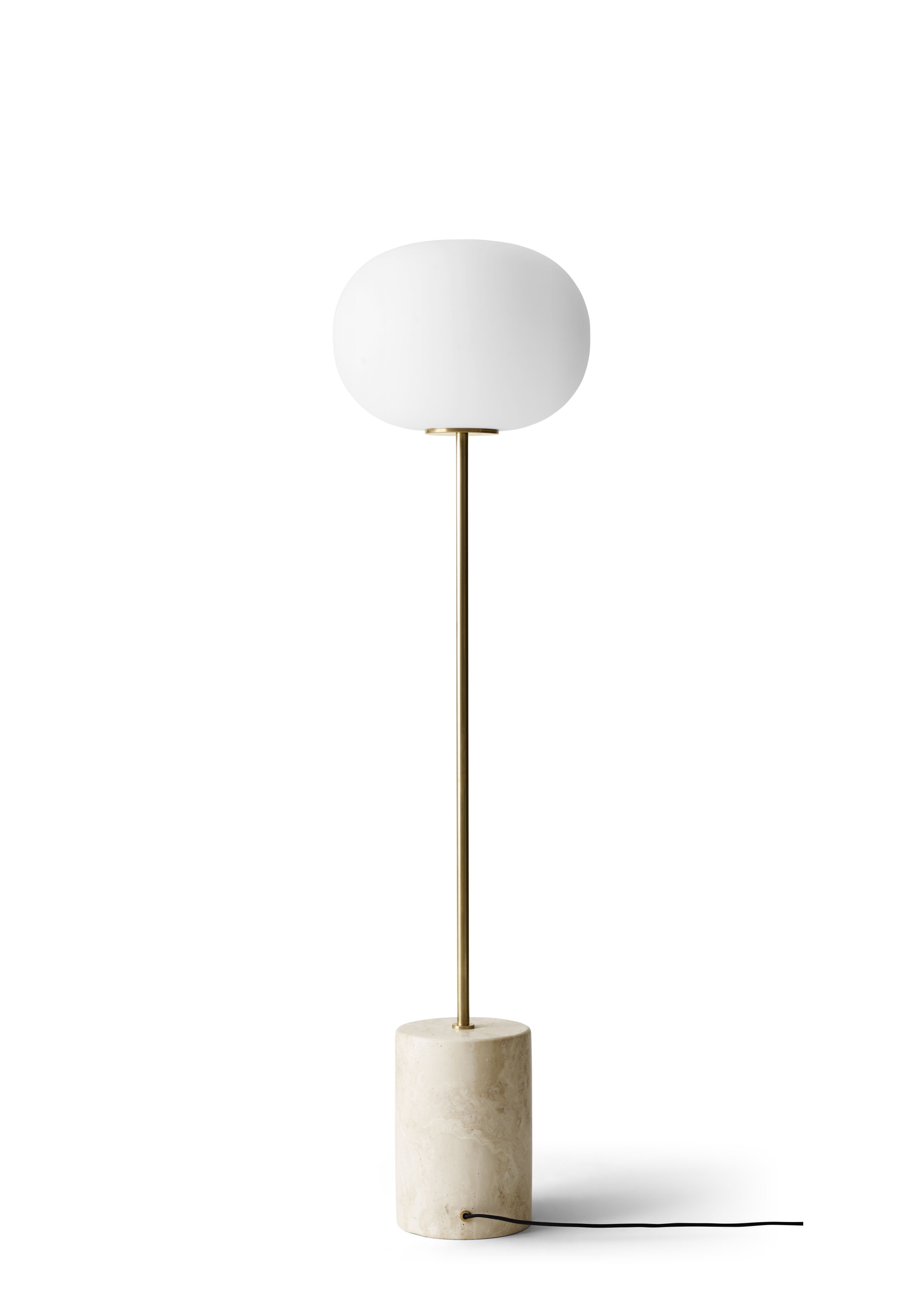 JWDA Stehleuchte mit Travertin-Fuß und gebürstetem Messingstab, modernes Design für Wohnzimmer und Schlafzimmer.