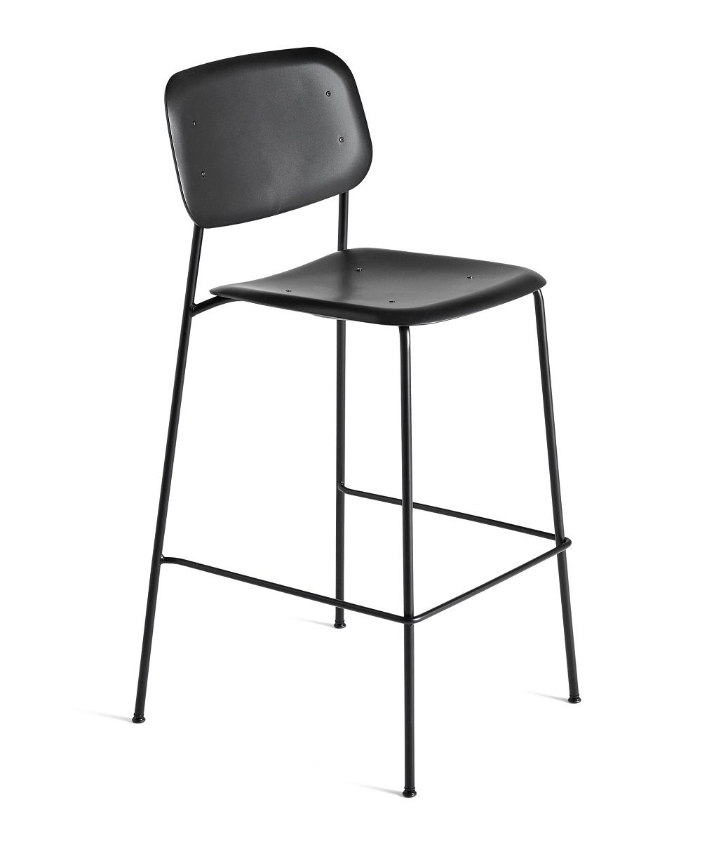 Schwarzer Soft Edge Barhocker von Hay mit Rückenlehne und filigranem Metallgestell.